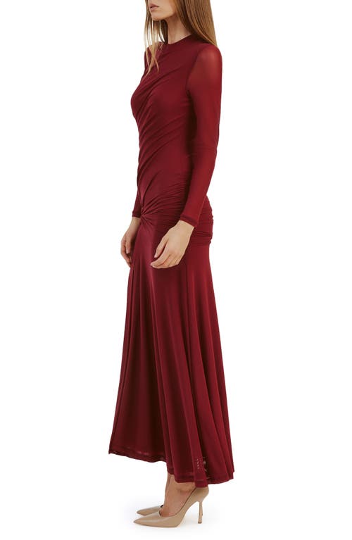 Shop Bardot Liyana Ruched Long Sleeve Mesh Maxi Dress In Burgundy