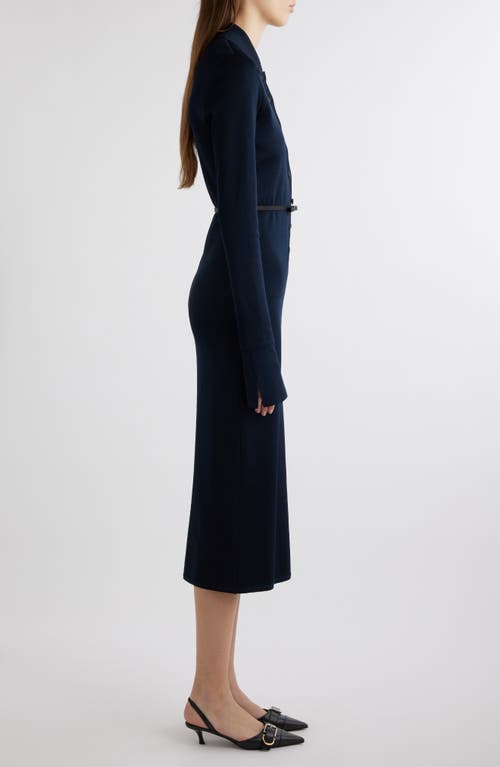 Shop Givenchy Bow Belt Long Sleeve Midi Shirtdress In Navy