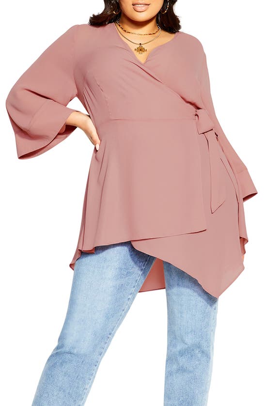City Chic Shibara Vibes Blouson Sleeve Wrap Top In Rose