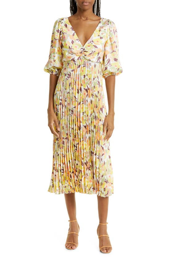 Likely Patricia Floral Print Pleated Midi Dress In Ivory Multi