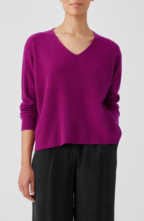 V-Neck Cashmere Rib Pullover Sweater