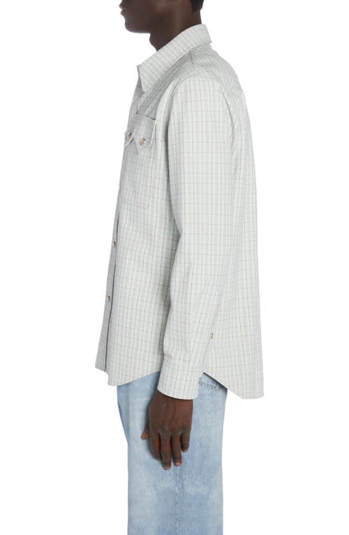 Shop Bottega Veneta Check Print Leather Snap-up Western Shirt In White/grey/mint