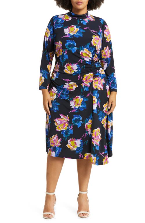 Maggy London Floral Print Ruched Mock Neck Long Sleeve Dress Midnight Blue/Purple at Nordstrom,