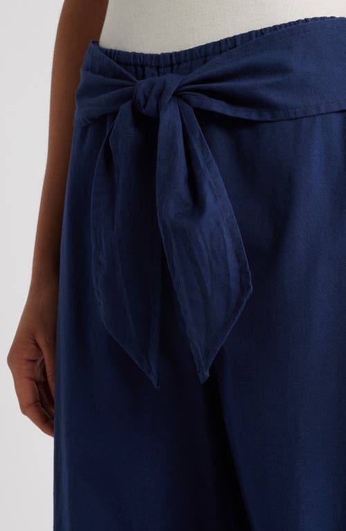 Shop Beachlunchlounge Florencia Tie Waist Wide Leg Cotton & Linen Pants In Midnight Mirage