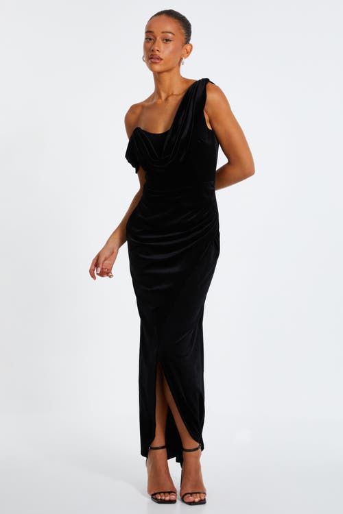 Shop Quiz Velvet Asymmetric Cowl Detail Maxi Dress In Black