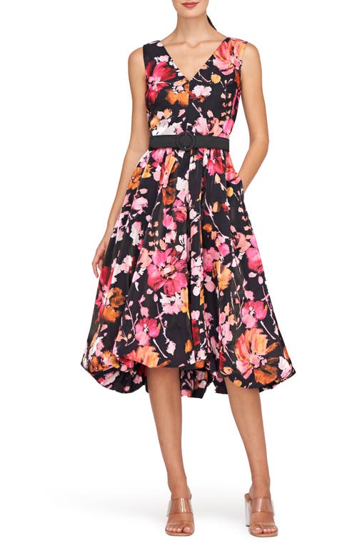 Kay Unger Viola Floral Belted Sleeveless High-low Dress In Saffron/black