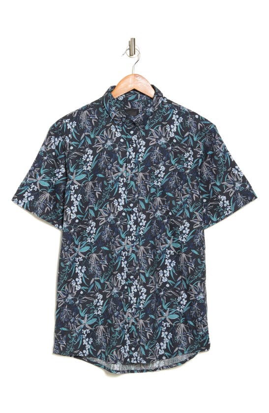 14th & Union Tropical Mix Short Sleeve Cotton & Linen Button-up Shirt In Blue