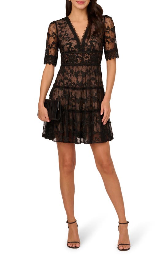 Adrianna Papell Embroidered Lace Minidress In Black