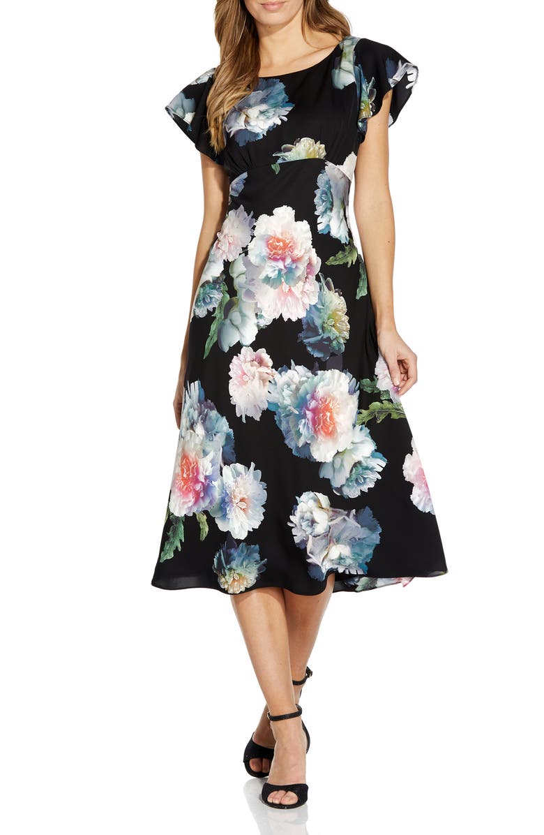 Adrianna Papell Floral Fit & Flare Crêpe de Chine Midi Dress, Main, color, 