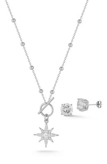 Glaze Jewelry Cubic Zirconia Stud Earrings & Star Pendant Necklace Set In Silver