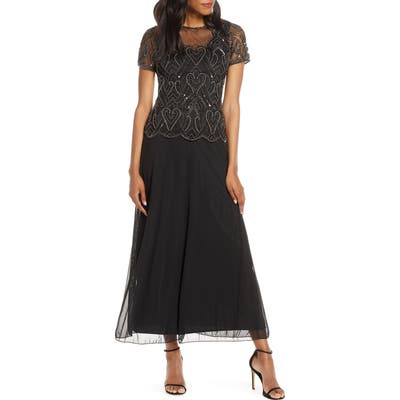 Pisarro Nights Embellished Mesh Mock Two-Piece Gown, Black