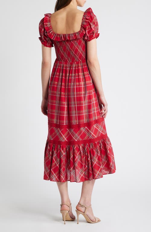 Shop Loveshackfancy Gerania Metallic Plaid Cotton Midi Dress In Cheery Red