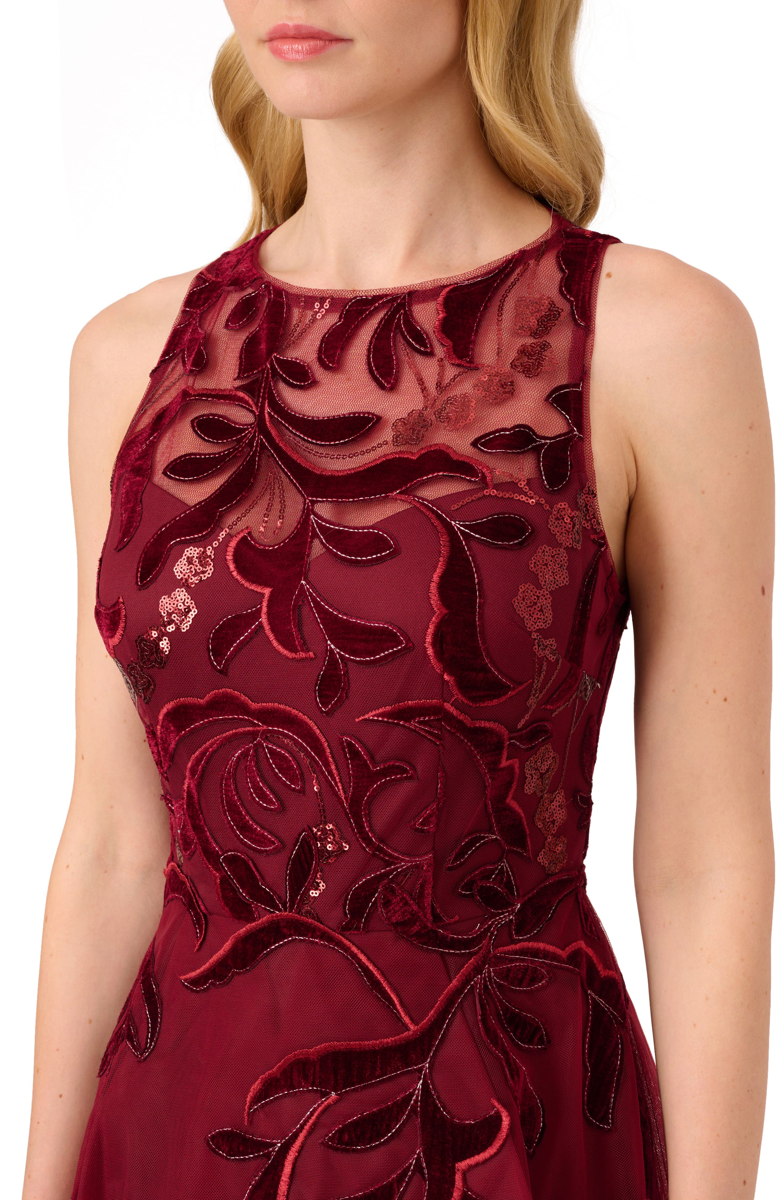 Adrianna Papell Velvet Appliqu Tulle Cocktail Dress in Garnet