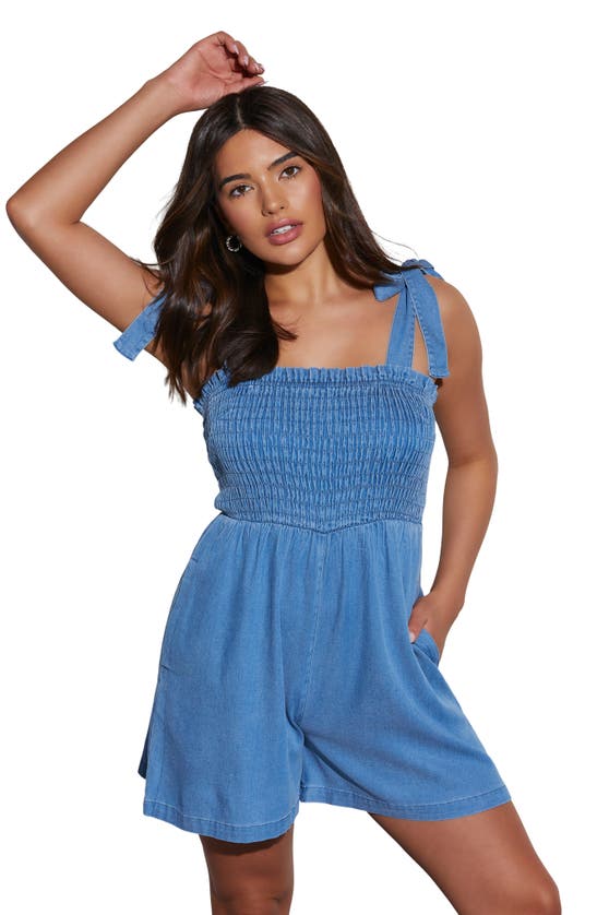 Shop Vici Collection Boardwalk Dates Smocked Chambray Romper In Blue
