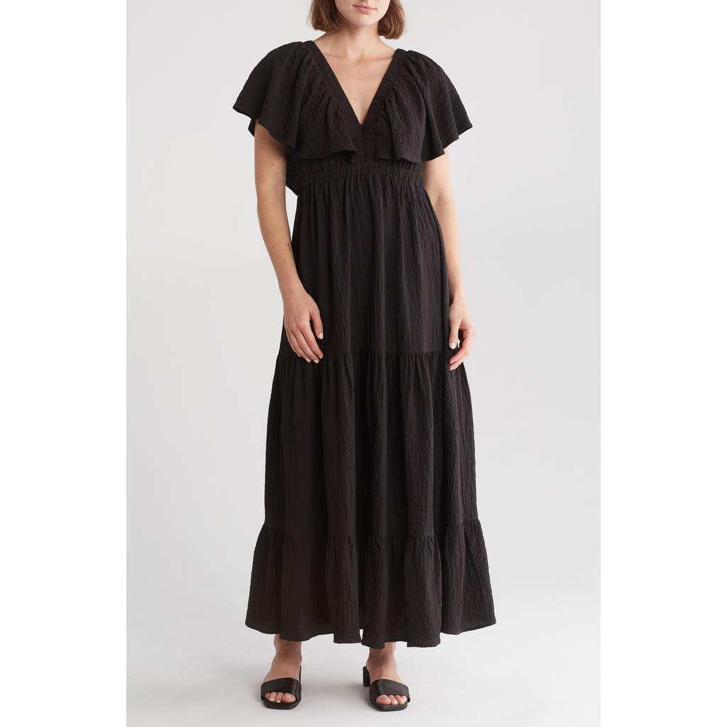 Shop Mila Mae Flutter Sleeve Tiered Maxi Dress In Black