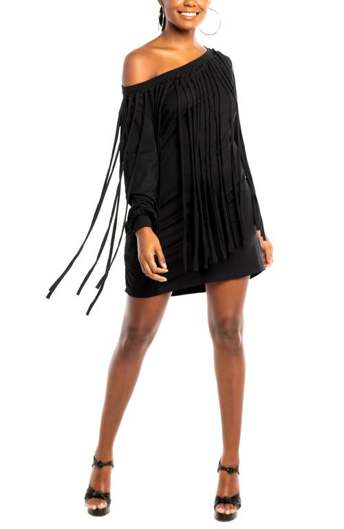 One-Shoulder Long Sleeve Fringe Minidress in Black