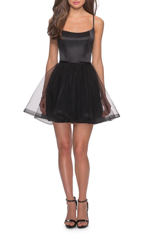 Satin & Tulle Fit & Flare Dress in Black