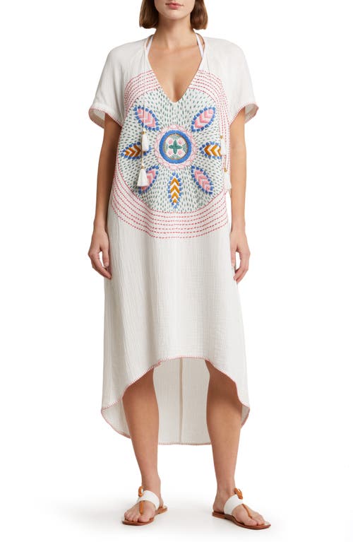 Cocoon Embroidered Cotton & Silk Cover-Up Kaftan in White