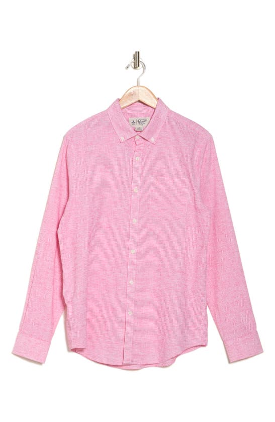 Original Penguin Stripe Stretch Linen & Cotton Button-down Shirt In Raspberry Sorbet