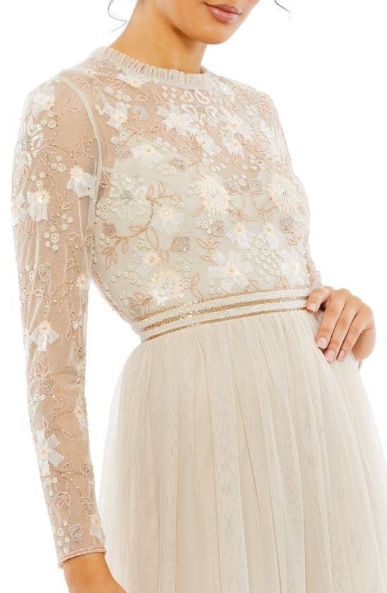 Shop Mac Duggal Beaded Floral Lace Long Sleeve A-line Gown In Vanilla