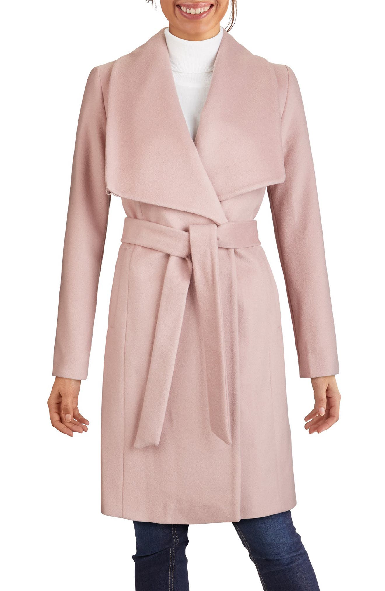 Cole Haan Signature Slick Wool Blend Wrap Coat In Dusty Pink
