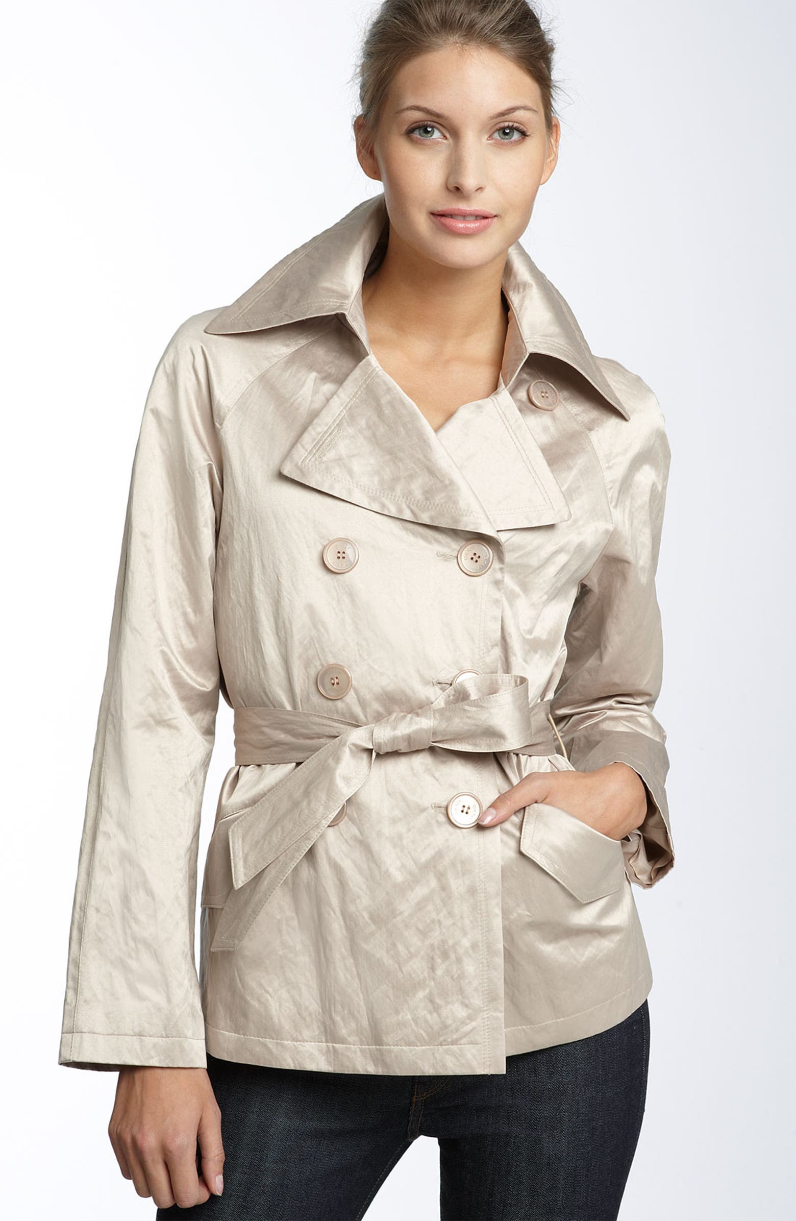 DKNY 'Piper' Crinkled Satin All Weather Short Trench Coat | Nordstrom