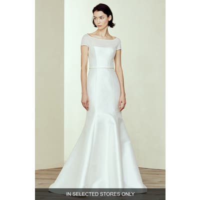 Amsale Denver Silk & Wool Off The Shoulder Wedding Dress, Size IN STORE ONLY - Ivory