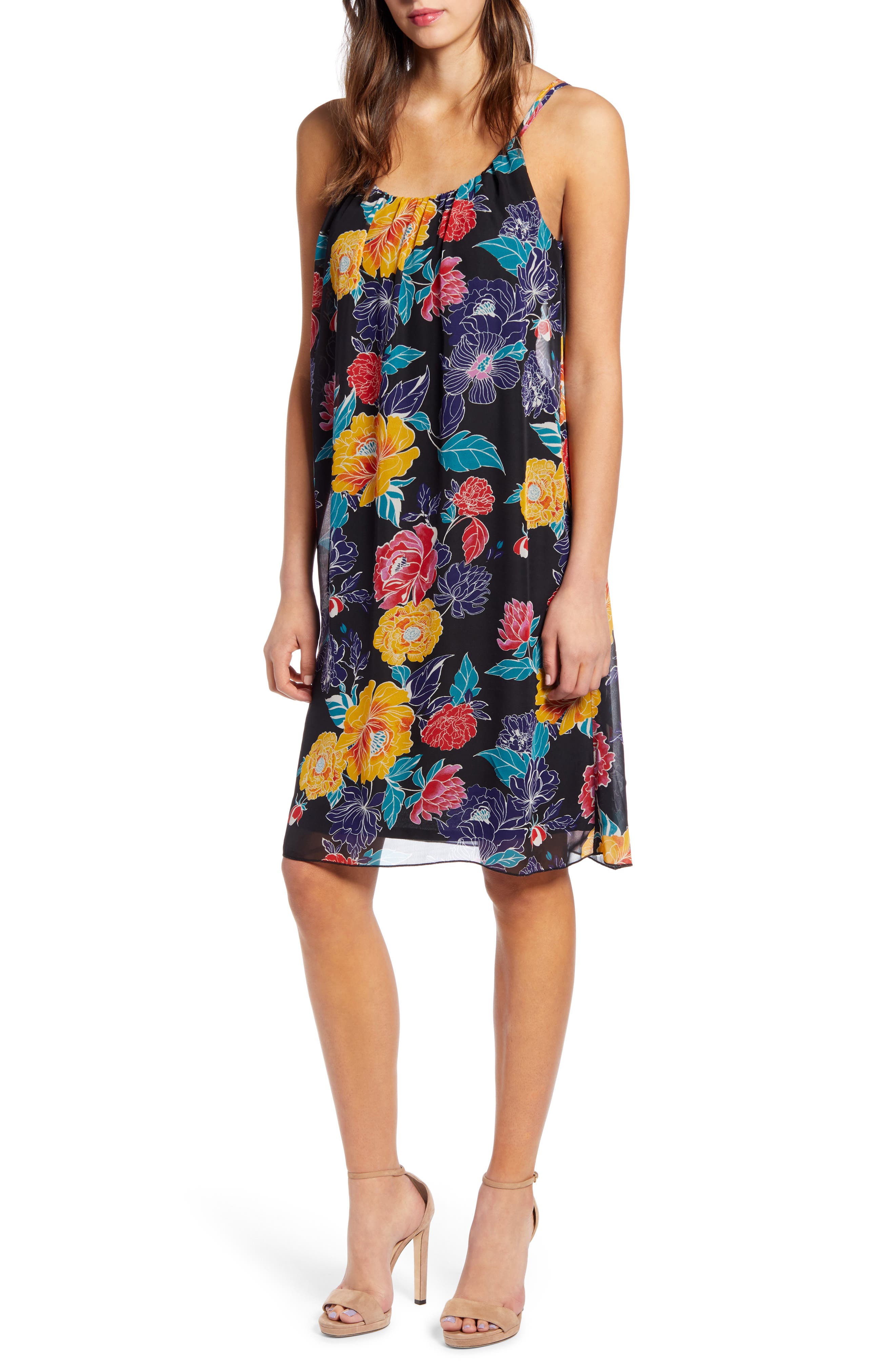 Leith Floral Print Shift Dress, Black