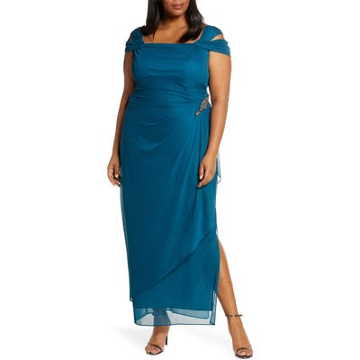 Plus Size Alex Evenings Embellished Cold Shoulder Gown, Blue/green