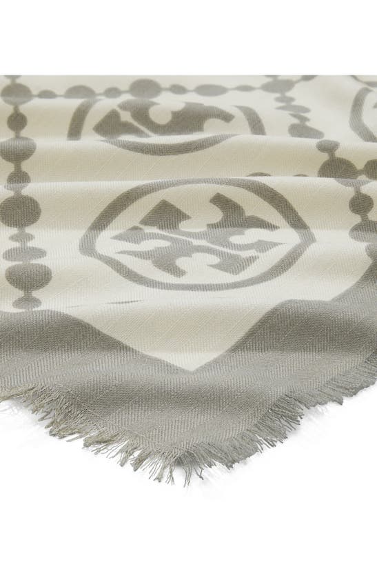 Shop Tory Burch T-monogram Bordered Oblong Scarf In T Monogram Gray