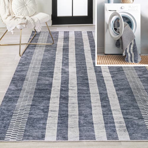Jonathan Y Vichy Geometric Striped Machine-washable Area Rug In Slate Gray/ivory