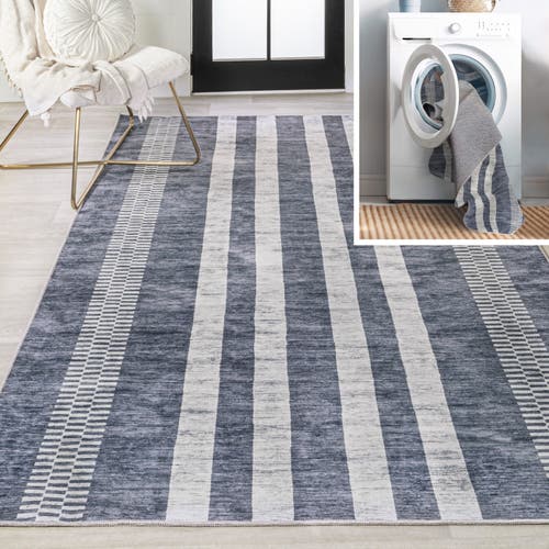 Shop Jonathan Y Vichy Geometric Striped Machine-washable Area Rug In Slate Gray/ivory