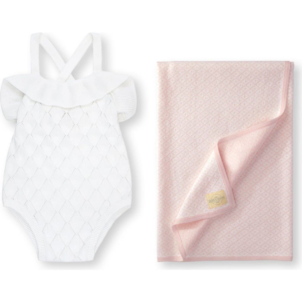 Hope & Henry Baby Ruffle Sweater Romper & Jacquard Blanket Gift Set In White & Rose