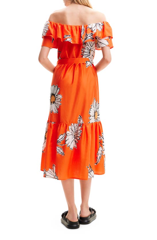 Shop Desigual Georgeo Floral Off The Shoulder Tie Belt Midi Dress In Orange