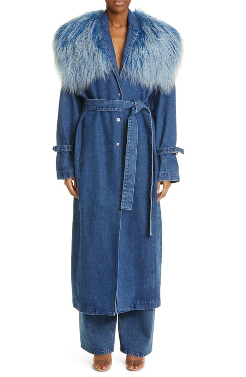 LAPOINTE Organic Cotton Denim Trench Coat with Genuine Shearling Trim in Washed Denim