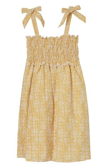 Speechless Kids' Puff Print Smock Dress In Mustard/ivory