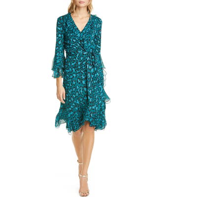 Dvf Carli Leopard Print Ruffle Silk Wrap Dress, Blue/green