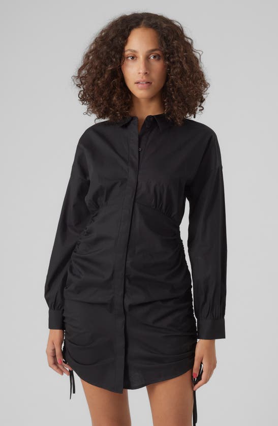 Shop Vero Moda Cilla Side Ruched Long Sleeve Cotton Shirtdress In Black