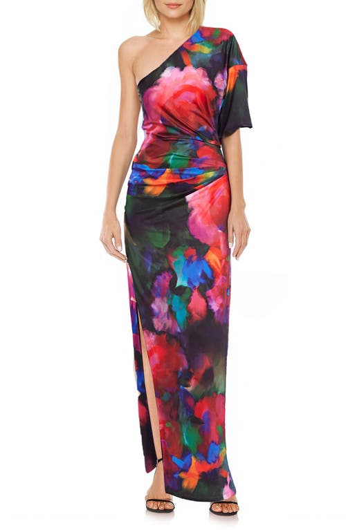 Shop Jewel Badgley Mischka Floral One-shoulder Knit Column Gown In Red Multi