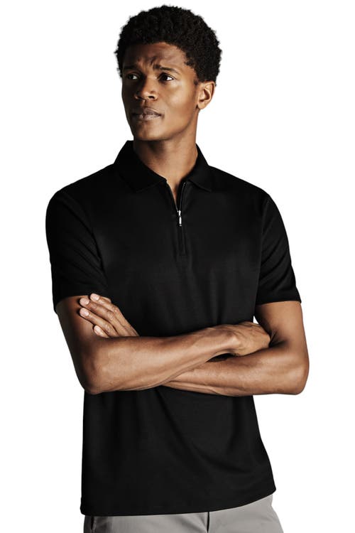 Shop Charles Tyrwhitt Plain Short Sleeve Zip Jersey Polo In Black