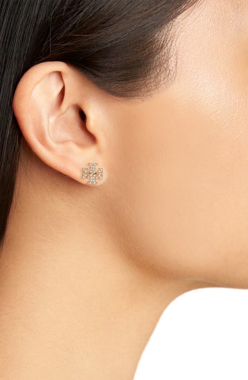 Shop Tory Burch Crystal Logo Stud Earrings In Tory Gold/crystal