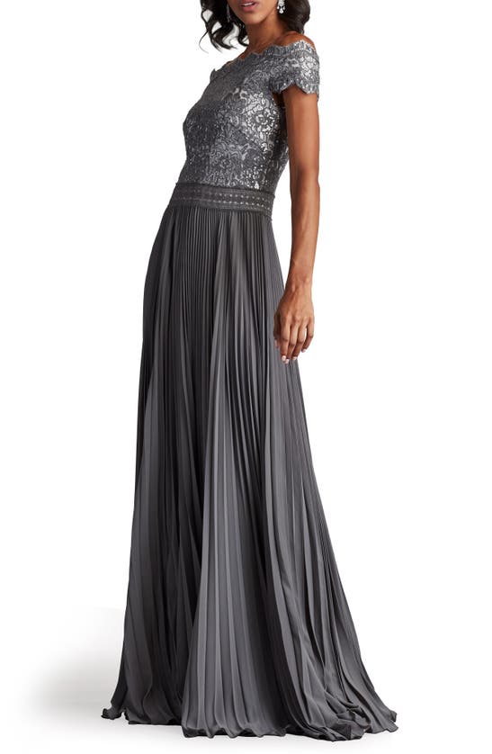 Shop Tadashi Shoji Off The Shoulder Sequin Lace Pleated Gown In Mist