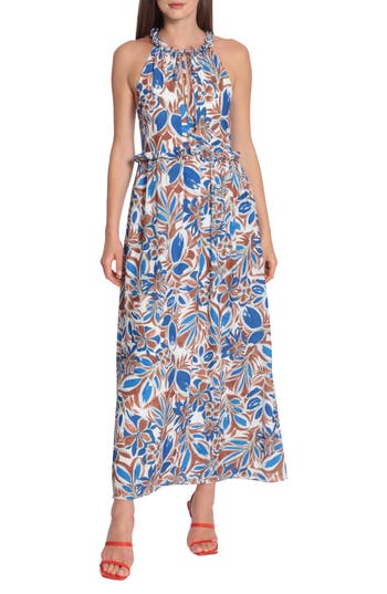 Maggy London Floral Ruffle Maxi Dress In Soft White/blue