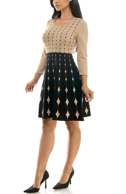 Nina Leonard Two-tone Fit & Flare Sweater Dress In Tan/black