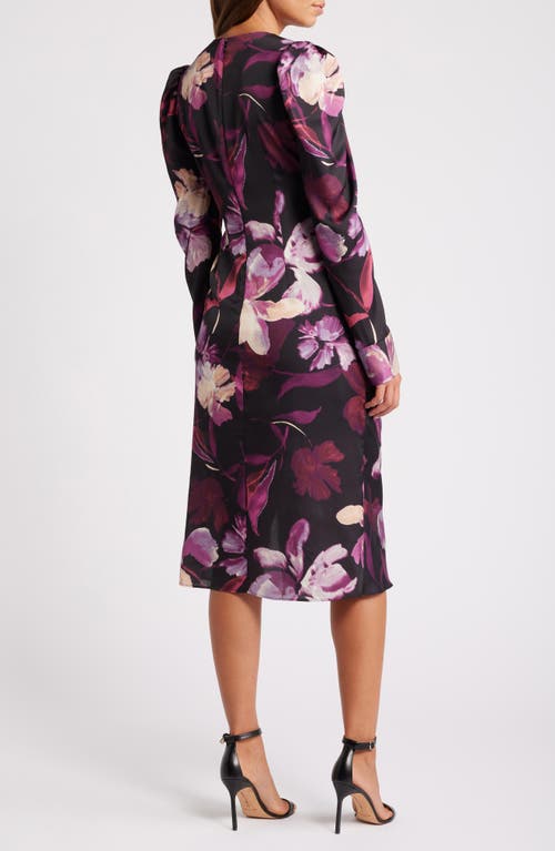 JULIA JORDAN JULIA JORDAN FLORAL PUFF SHOULDER LONG SLEEVE COCKTAIL MIDI DRESS 