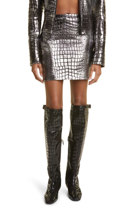 Croc Embossed Metallic Leather Miniskirt