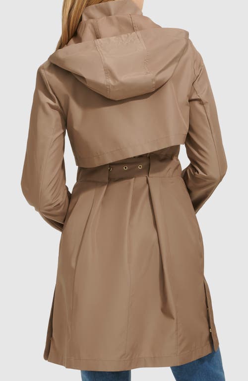 Cole Haan Belted Travel Packable Hooded Rain Jacket In Champagne
