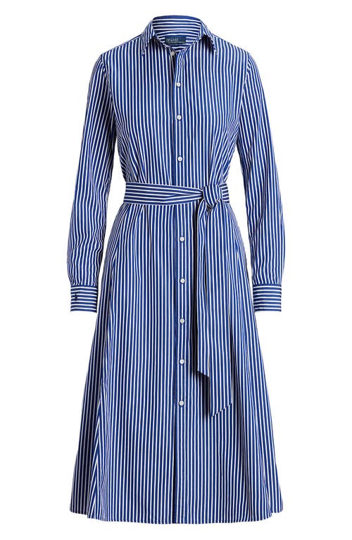 Shop Polo Ralph Lauren Ashton Long Sleeve Tie Waist Shirtdress In Bright Navy/white