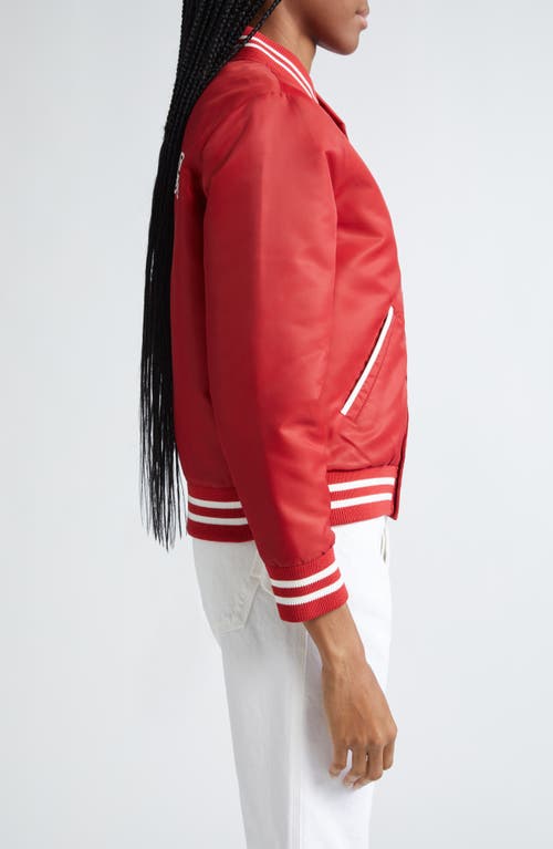 Shop Sporty And Rich Sporty & Rich Wellness Club Embroidered Satin Varsity Jacket In Ruby