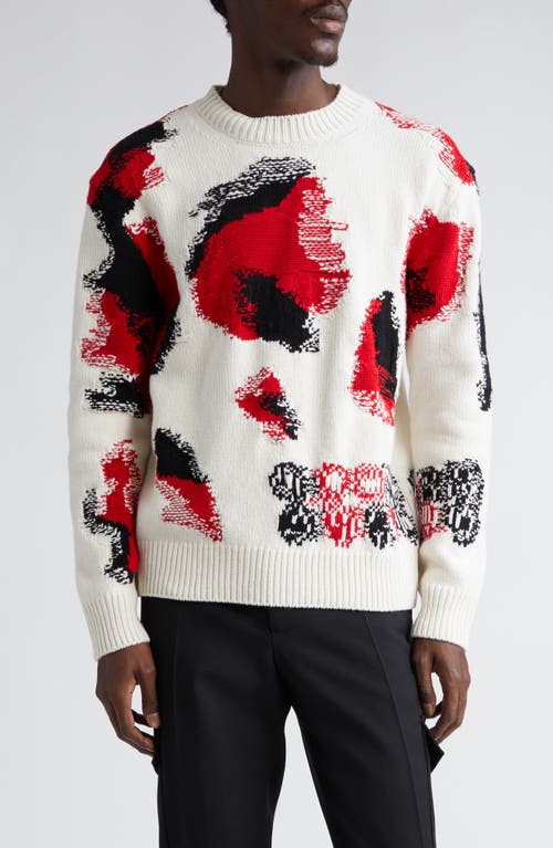 Alexander McQueen Skull Intarsia Wool, Cotton & Cashmere Crewneck Sweater Ivory/Black/Red at Nordstrom,